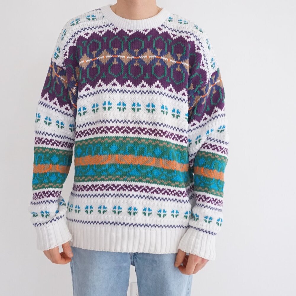 Vintage Eddie Bauer White Fair Isle Cotton Knit Sweater Pattern Outdoor OG Large
